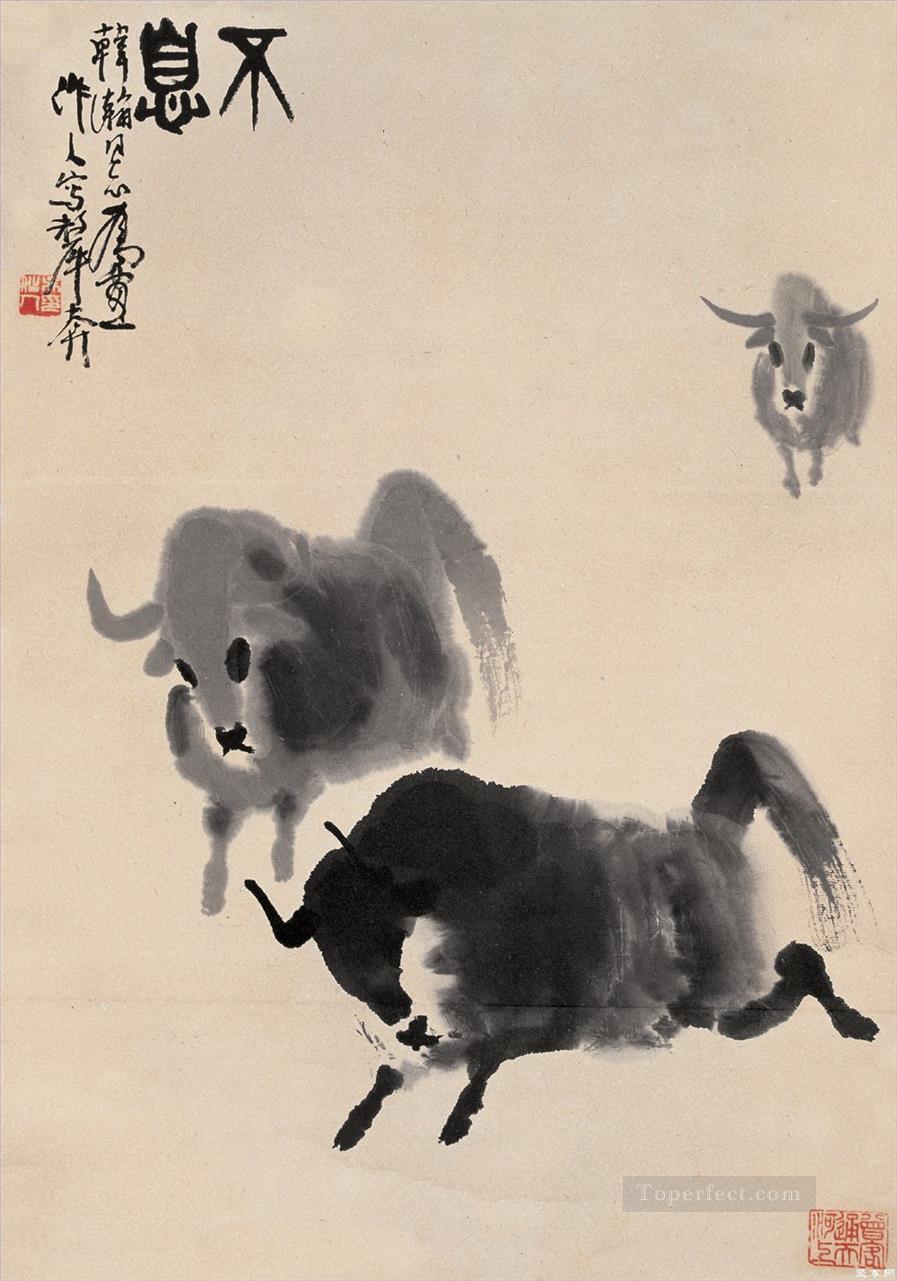 呉祖仁の走る牛の古い墨油絵